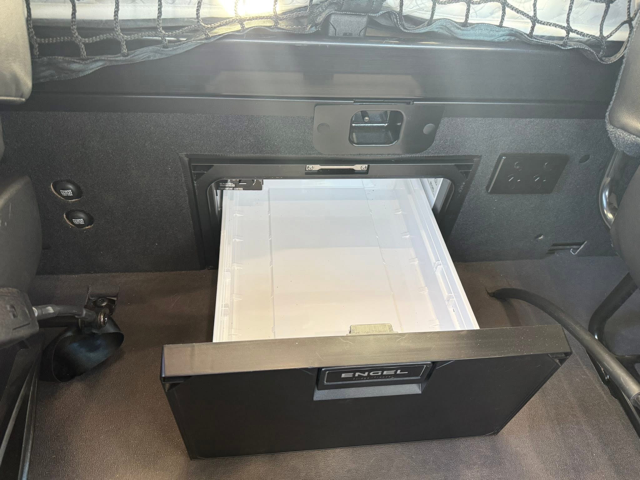 Engel fridge drawer installed in truck cab — K&C Auto Electrics driver comfort installation